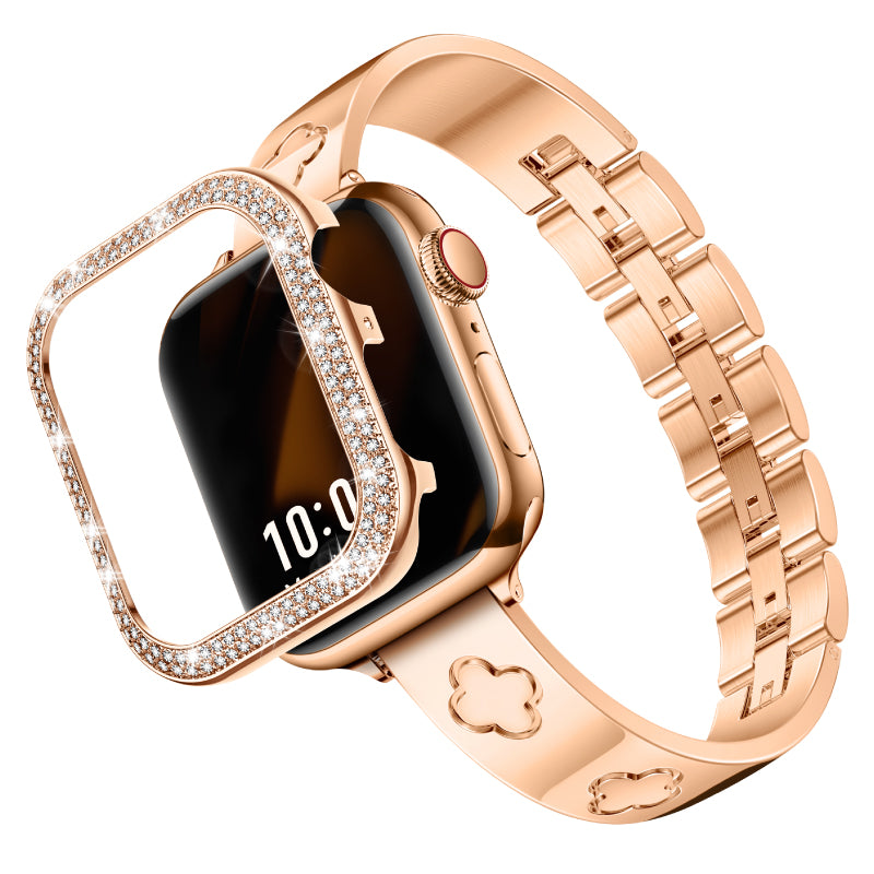 [Bundle] LOVE LUCK Clover Luxury Apple Watch Bracelet Band & Metal Diamond Cover Case